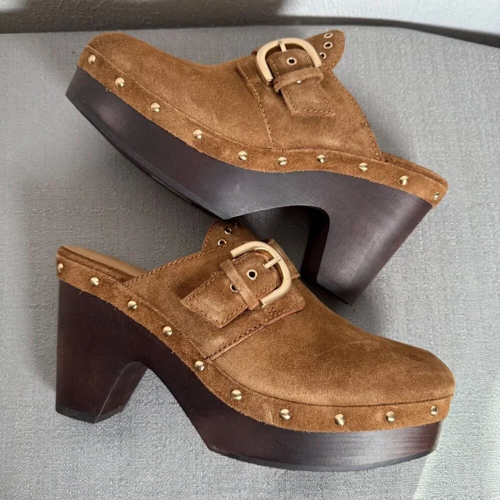 Madewell The Wes Buckle-Strap Clog Brown Suede Gold Studded Heels Platform 7